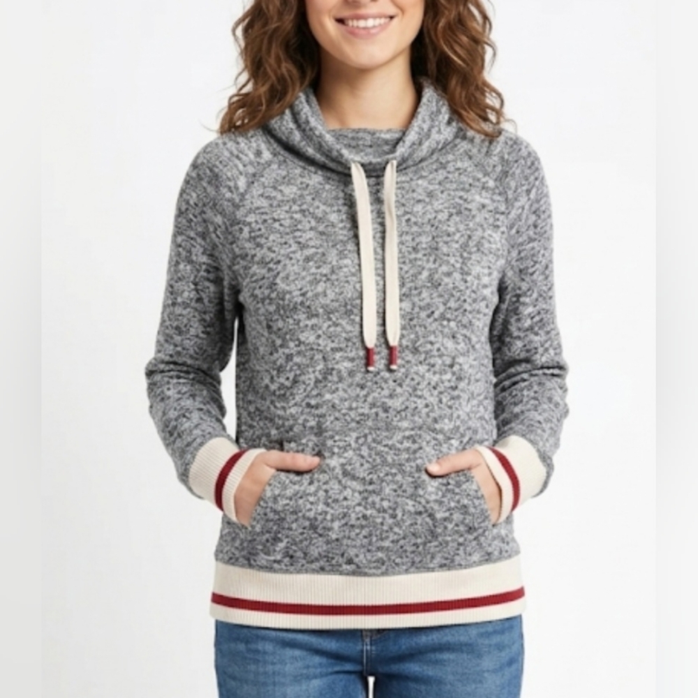 ✨ MySTYLE Gray & Cream Marled Pullover Hoodie w/ Red Stripe Accents M 🧣